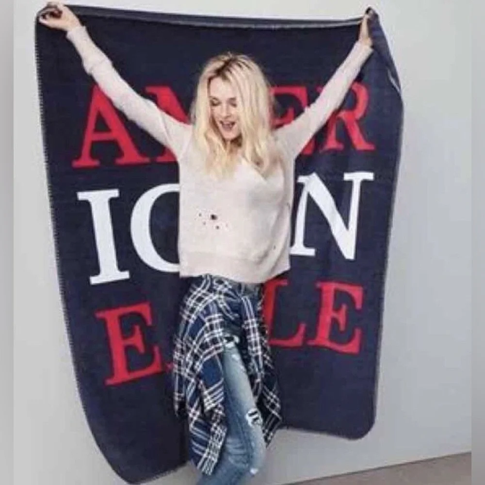 American Eagle Soft Fleece Throw Blanket - navy blue, logo all over - 50x60